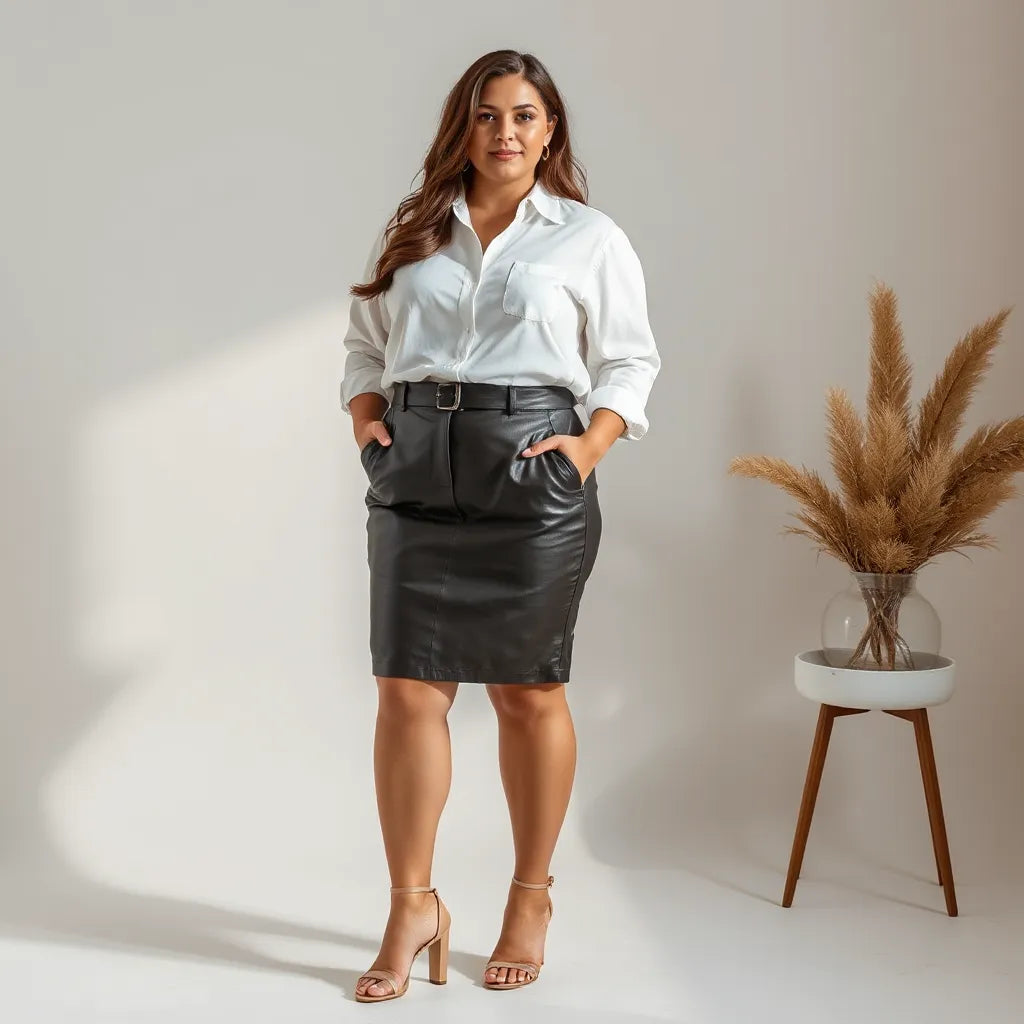 Plus size model wearing a faux leather pencil mini skirt with a tucked top in a neutral studio setting