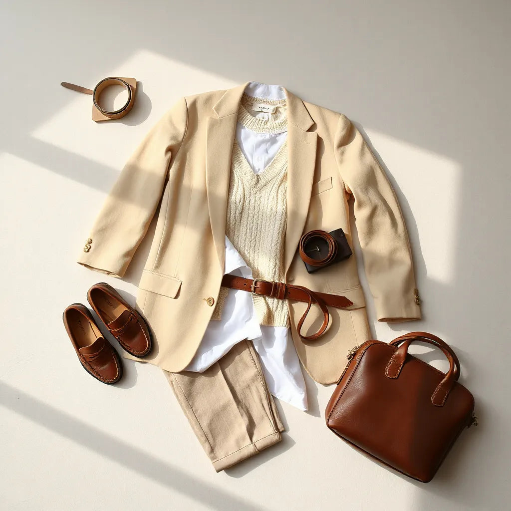 Neatly styled classic outfit with blazer, shirt, trousers, loafers, and handbag on a neutral background