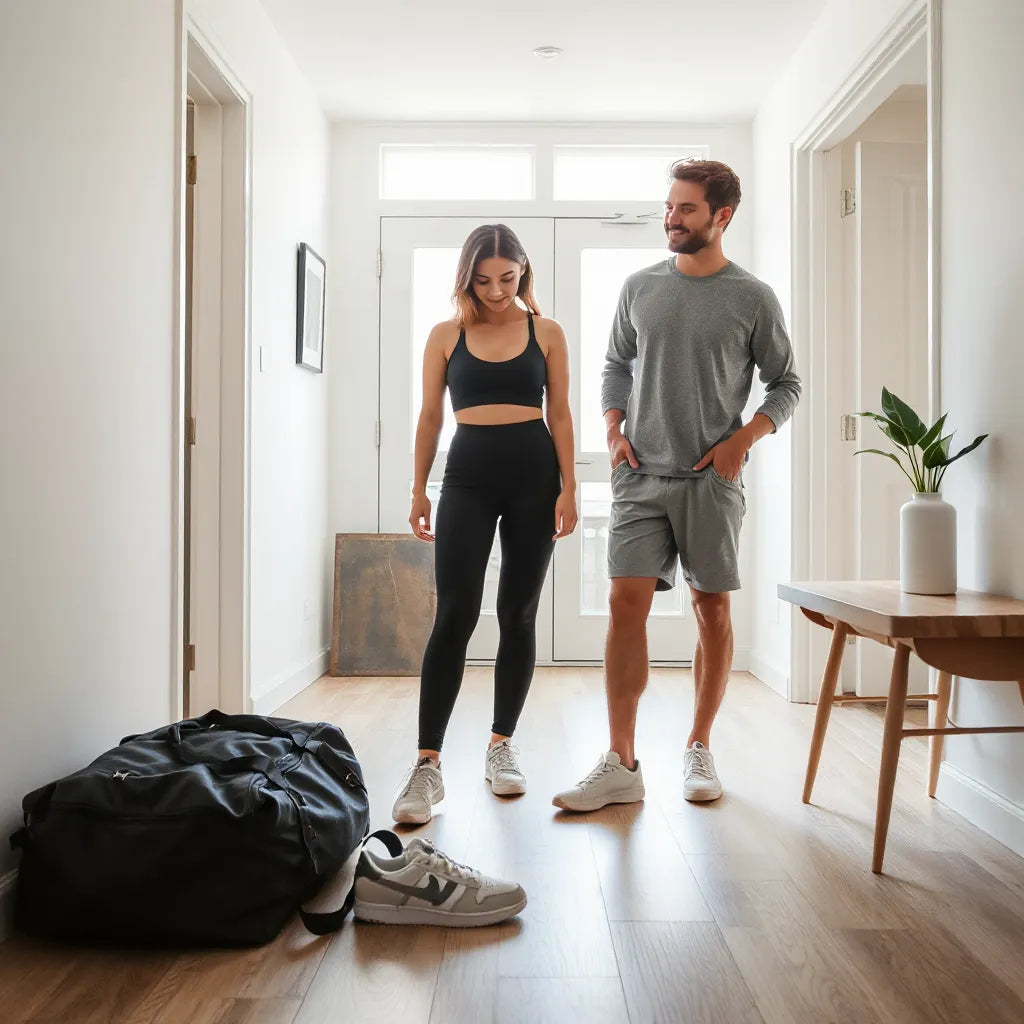People in modern activewear outfits getting ready for a morning workout with sneakers and a duffel bag nearby