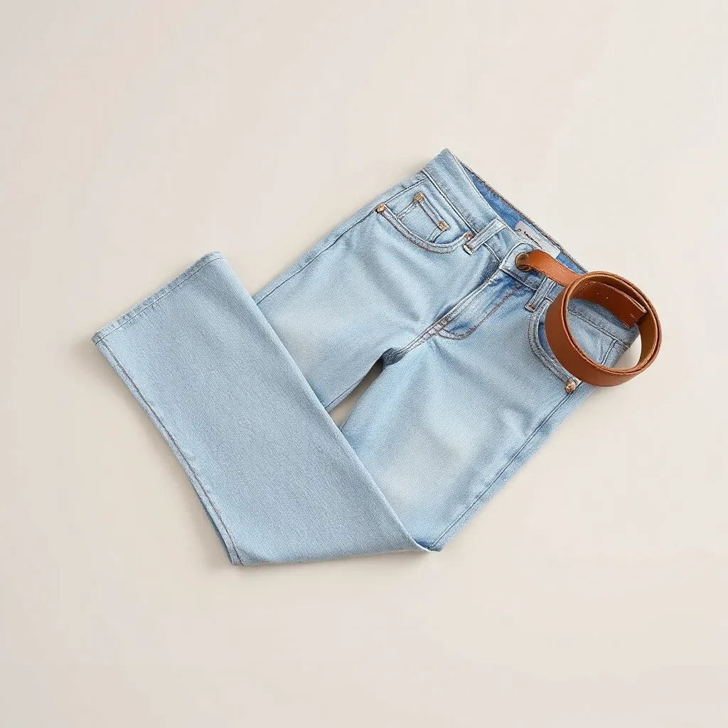 Light wash racer jeans with visible seams and subtle styling elements on a clean neutral background