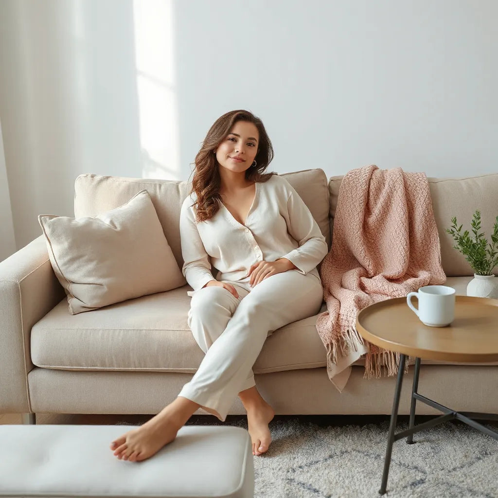 Woman in relaxed loungewear set lounging on a sofa with soft blanket and natural light