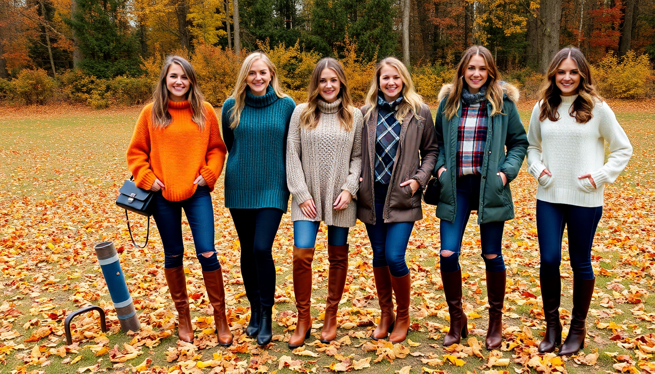 5 women in fall sweaters and boots and jackets in a fall setting. Have them standing to show off the outfits