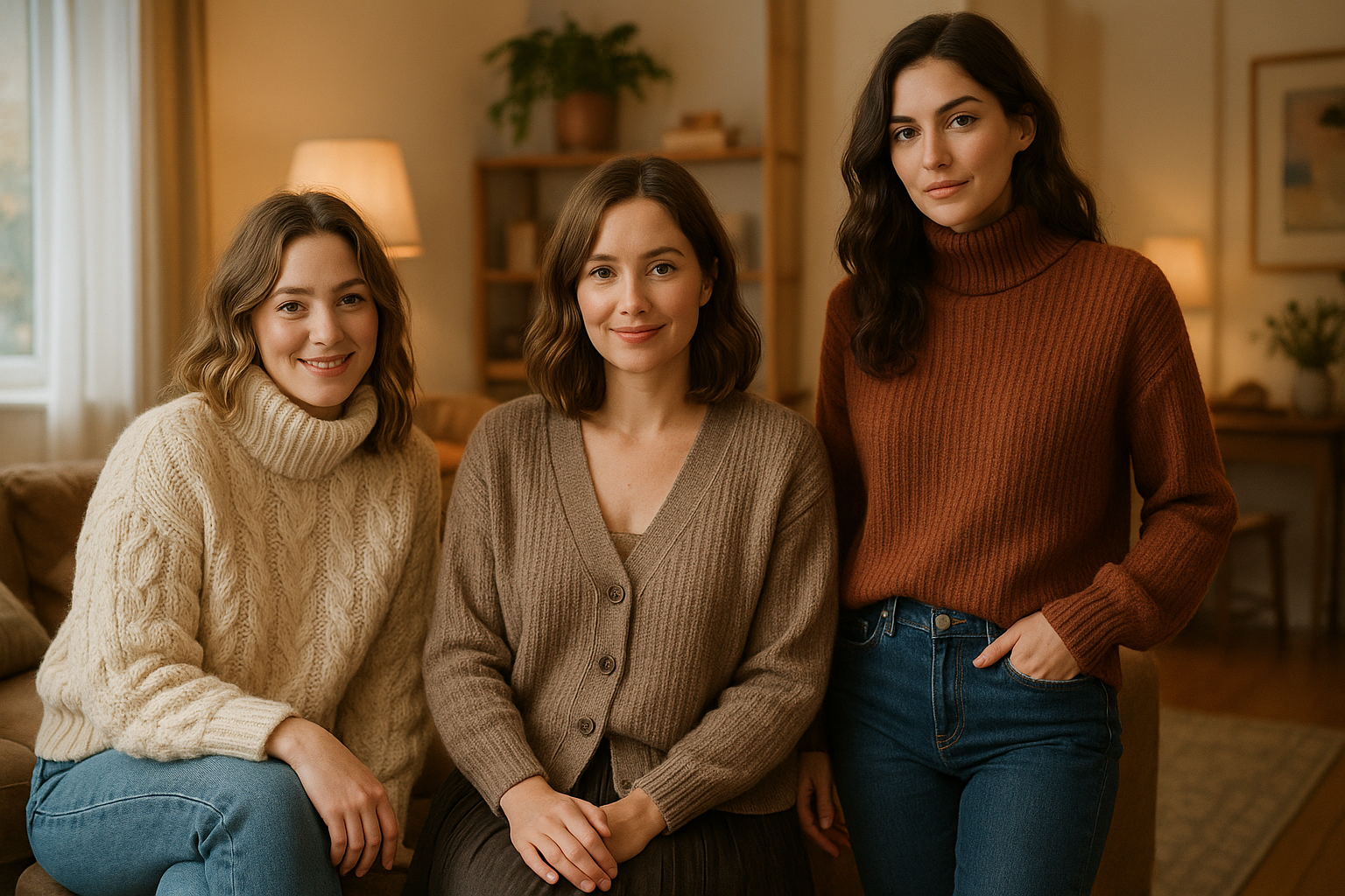 Three women in a cozy living room wearing Cozy Sweaters in cable knit button cardigan and ribbed styles