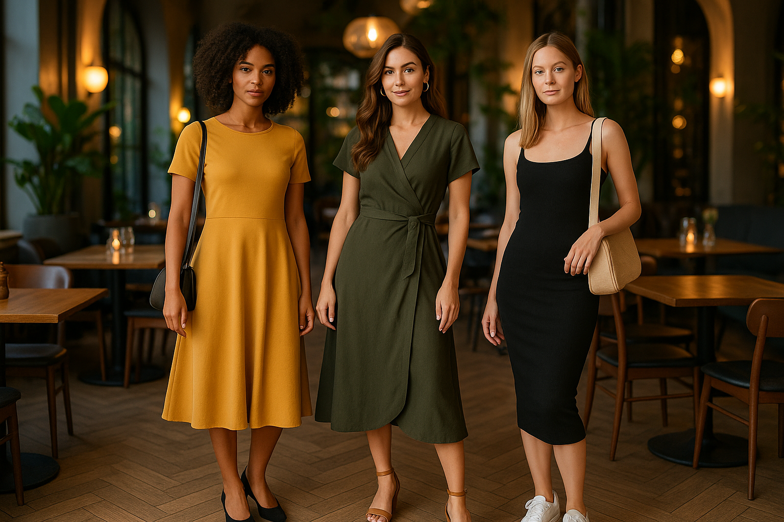 Three women in a cafe wearing Midi Dresses in yellow olive wrap and black styles showing versatile day to night looks