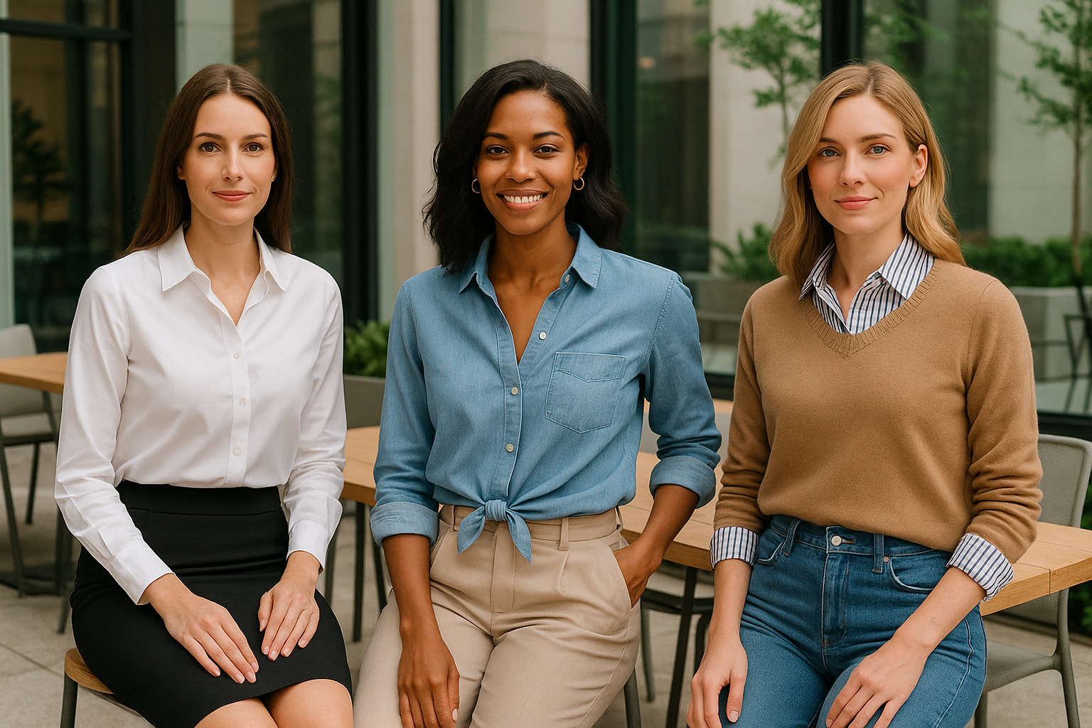 Button Up Shirts on three women in versatile office to weekend outfits showcasing breathable wrinkle resistant fabrics
