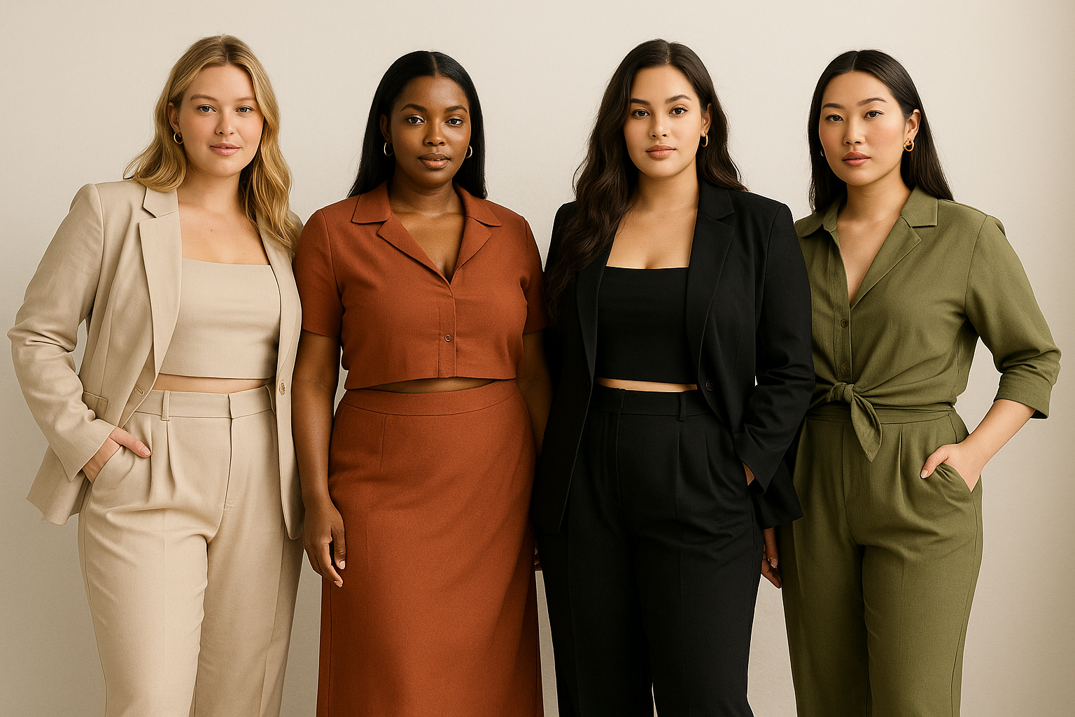 Four women modeling coordinated Outfit Sets featuring blazers skirts and trousers in neutral and earth tones