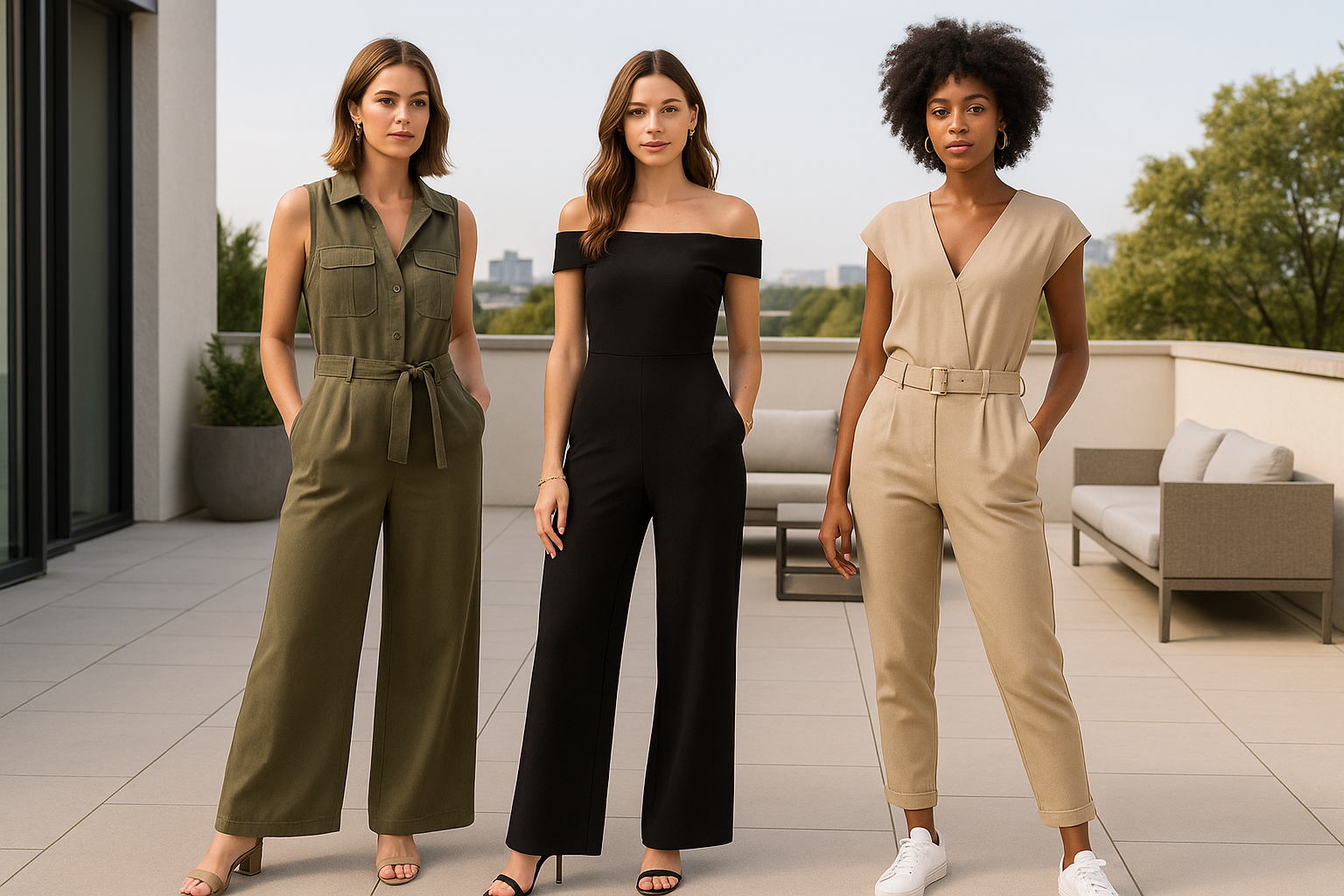 Affordable Jumpsuits collection featuring three women in olive utility and black off shoulder and beige belted styles on a terrace