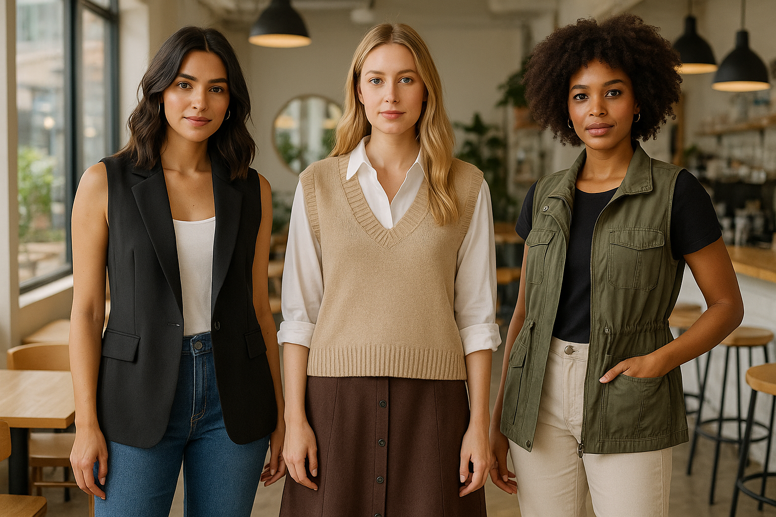 Three women in a cafe wearing Stylish Layering Vests including black blazer vest beige knit sweater vest and olive utility vest