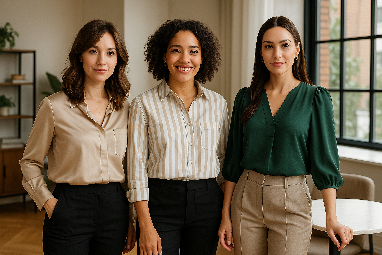Professional women wearing Tops & Blouses in neutral and green tones posing in bright modern office setting