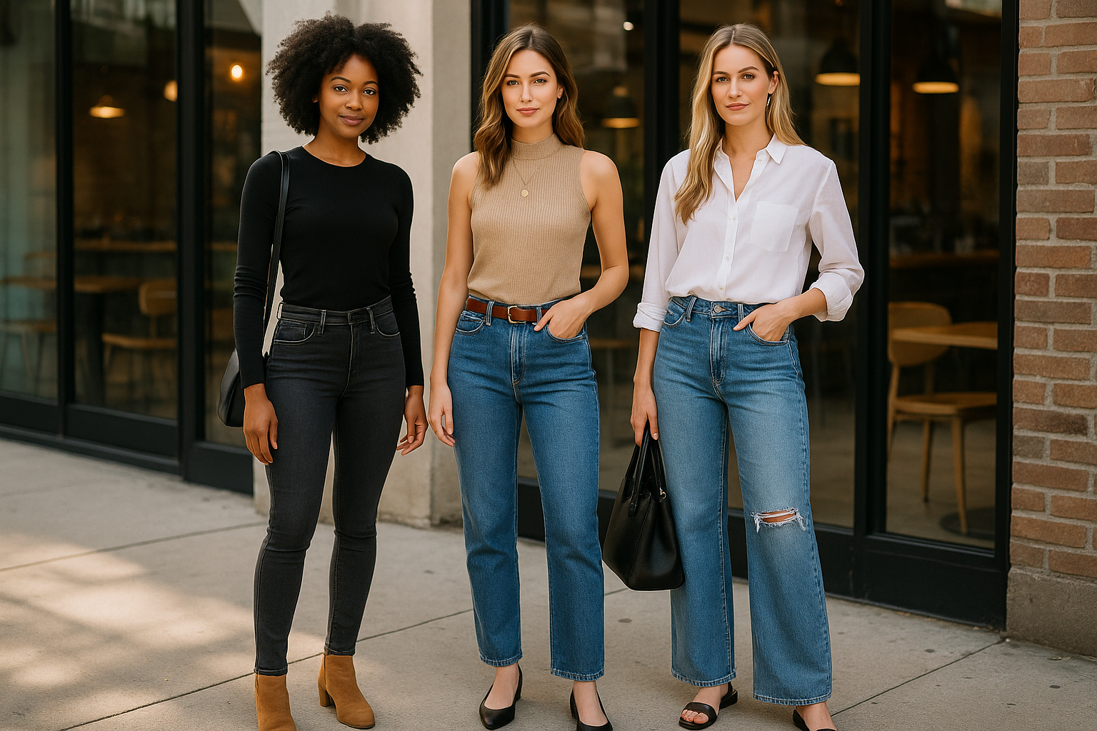 Three women modeling high waisted and relaxed fit denim outdoors showcasing Affordable Trendy Jeans collection