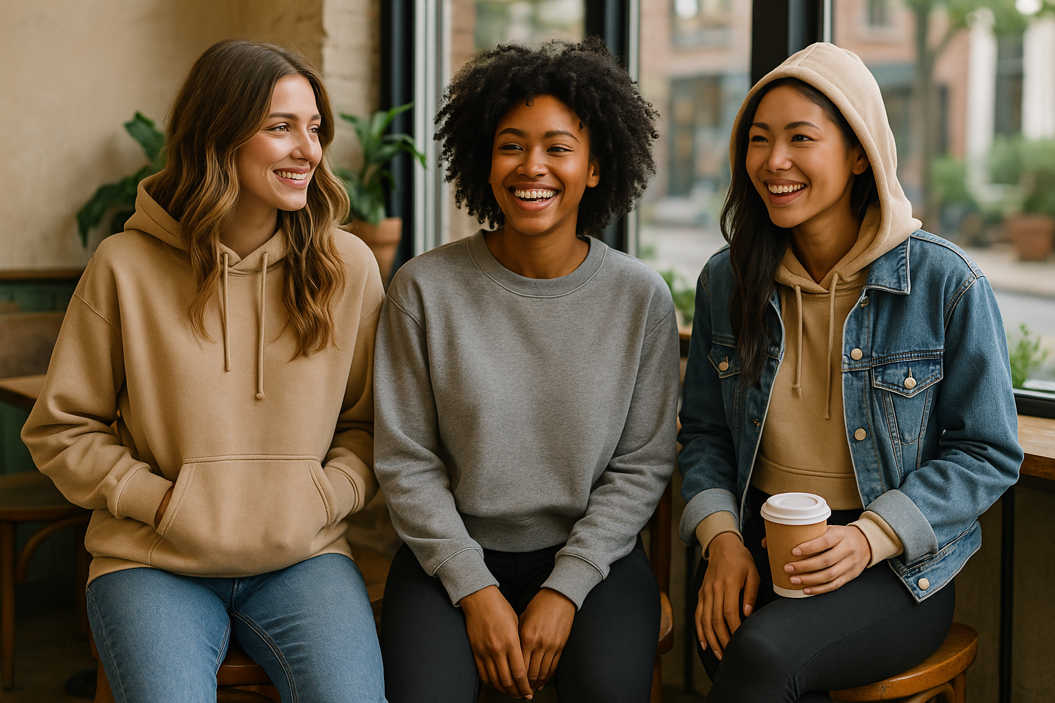 Affordable Hoodies and Sweatshirts collection featuring three women smiling in casual hoodies and a denim jacket
