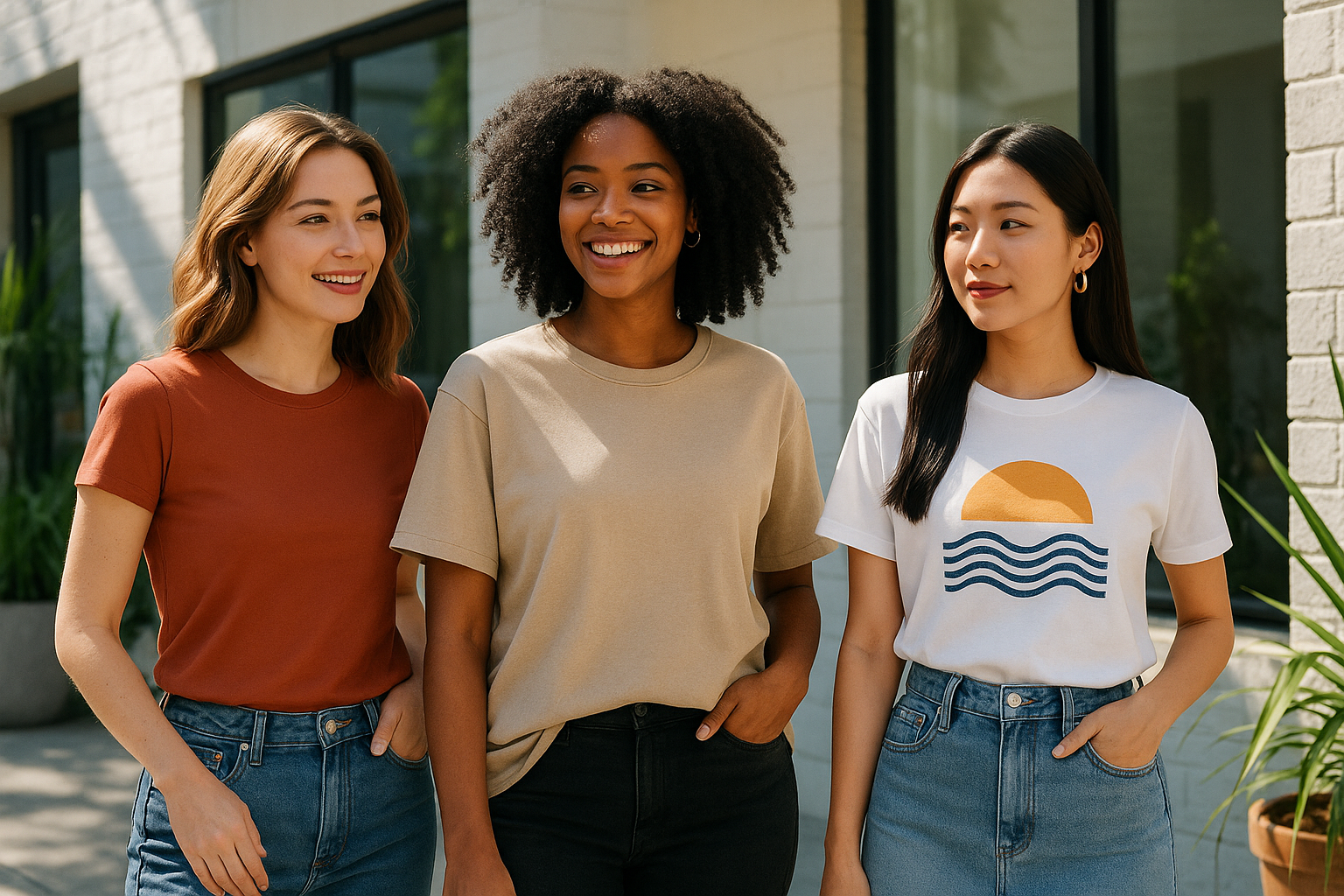 Affordable Trendy T-Shirts collection showing three women wearing soft breathable tees in neutral and graphic styles