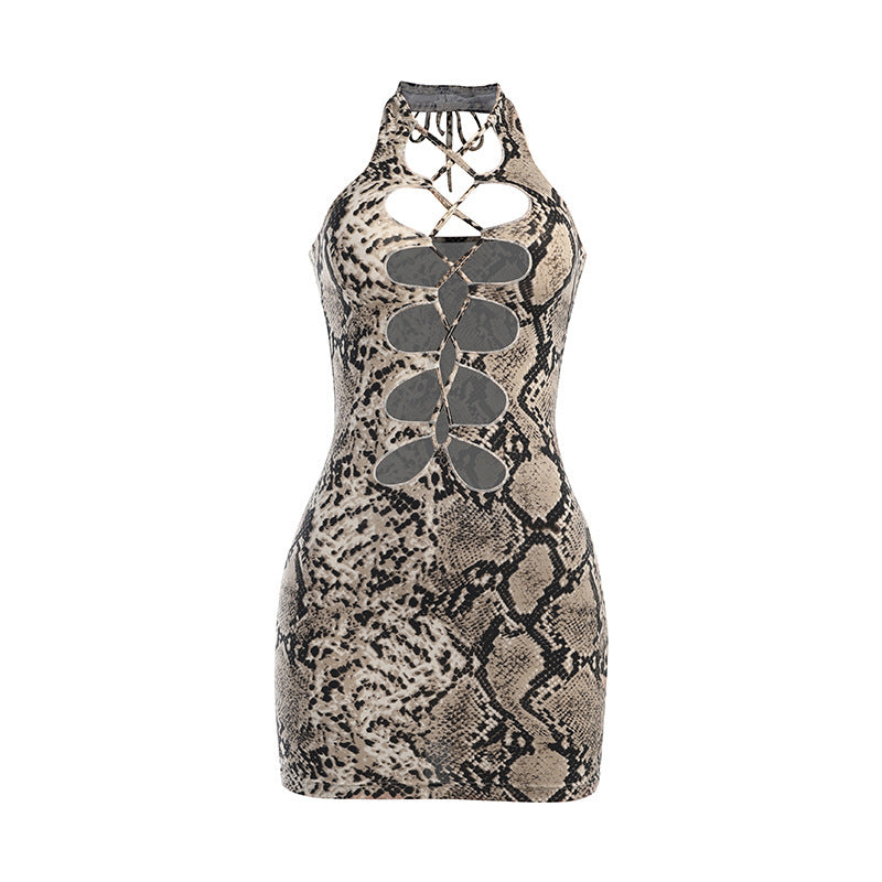 Snakeskin Mini Dress - Cutout Chest Adjustable Tie Slim Fit