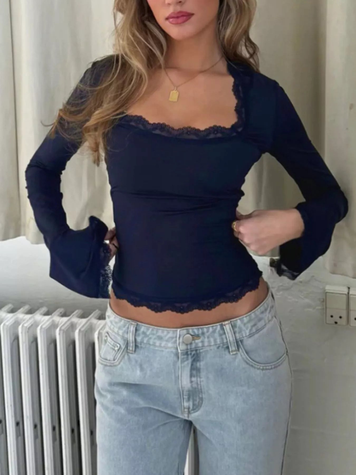 Lace Trim Top - Square Neck Long Sleeve Fitted - Fashions Envy