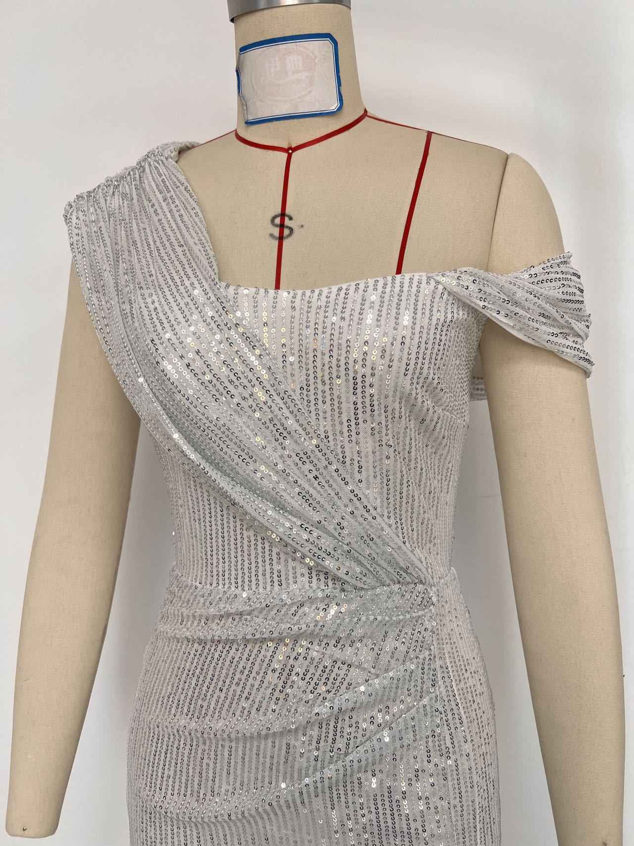 Sequin Midi Dress - White Short Sleeve Round Neck Party