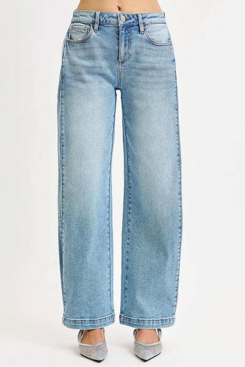 RISEN Mid Rise Wide Barrel Transferable Leg Snap Jeans - Fashions Envy