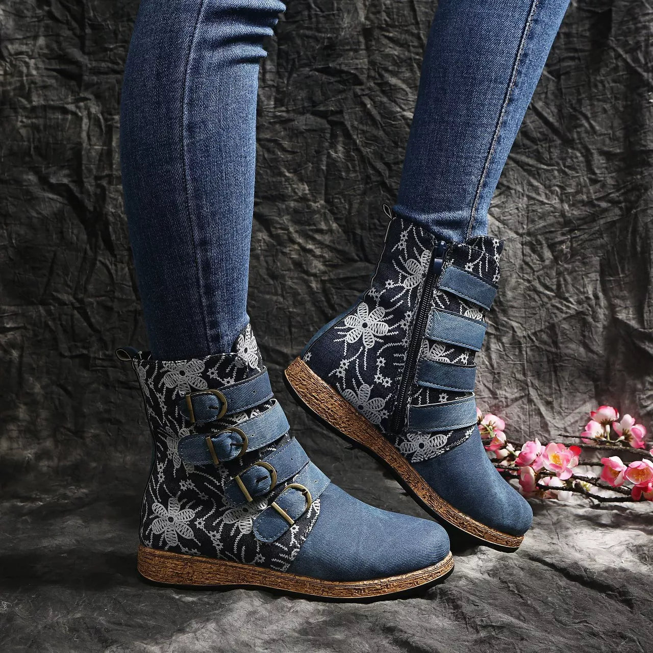 Embroidered Boots - Round Toe Flats - Fashions Envy