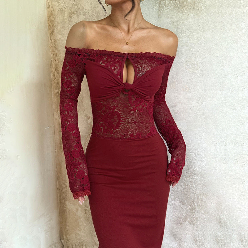 Off Shoulder Bodycon Dress - Lace Long Sleeve Wrap - Fashions Envy