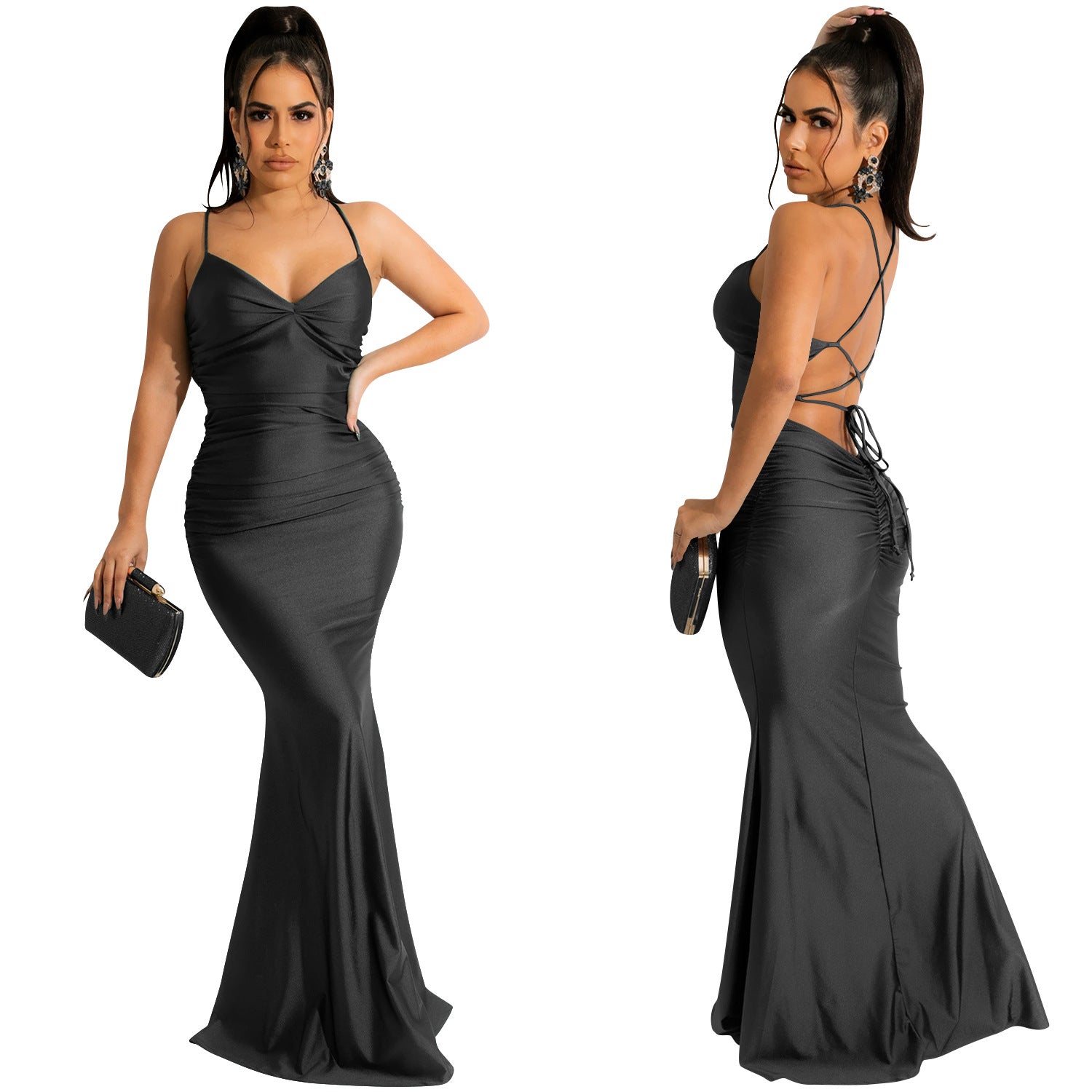 Spaghetti Strap Backless Maxi Dress - Tie Up Bodycon Satin