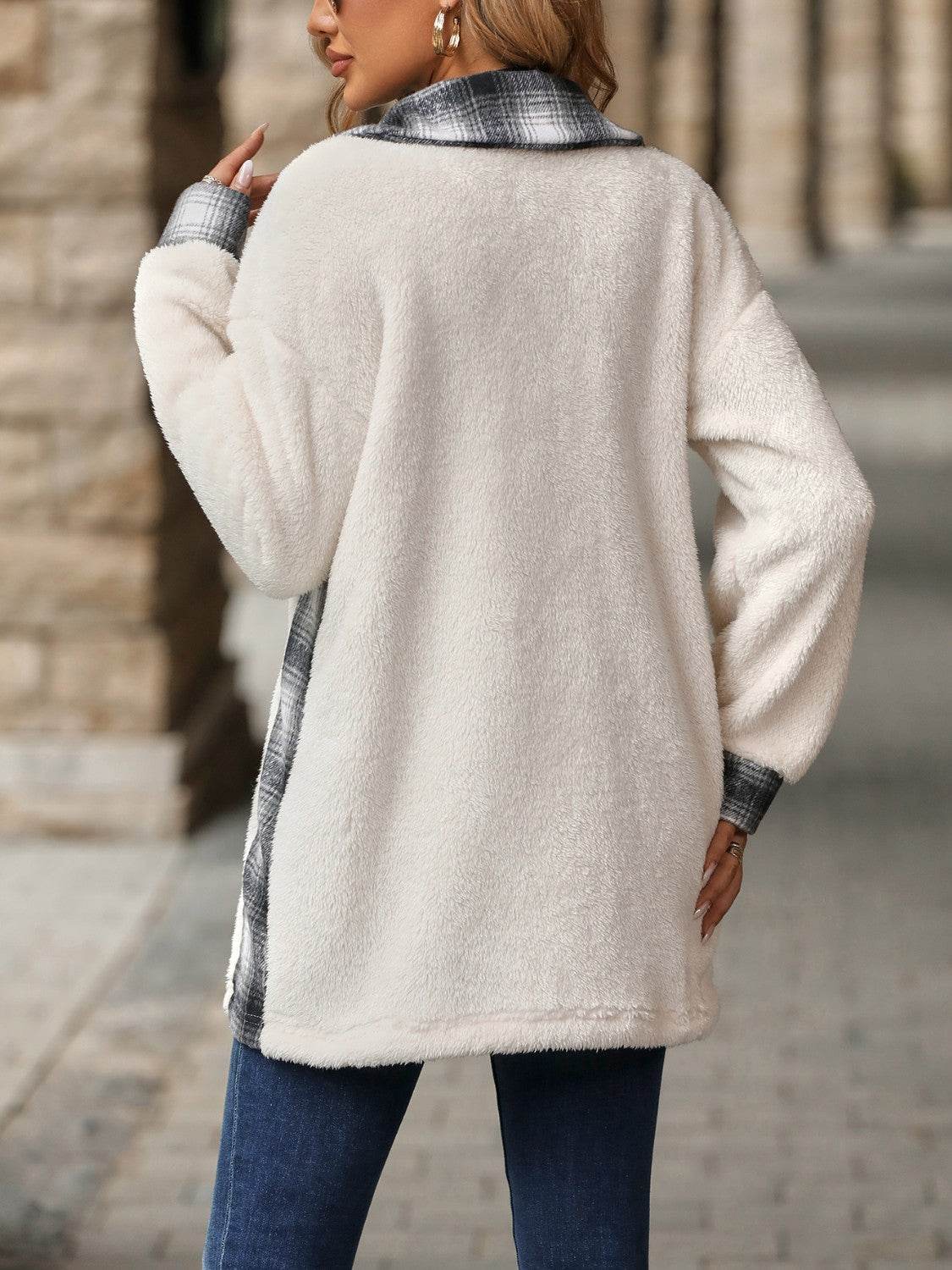 Plaid Contrast Dropped Shoulder Coat - Fashions Envy