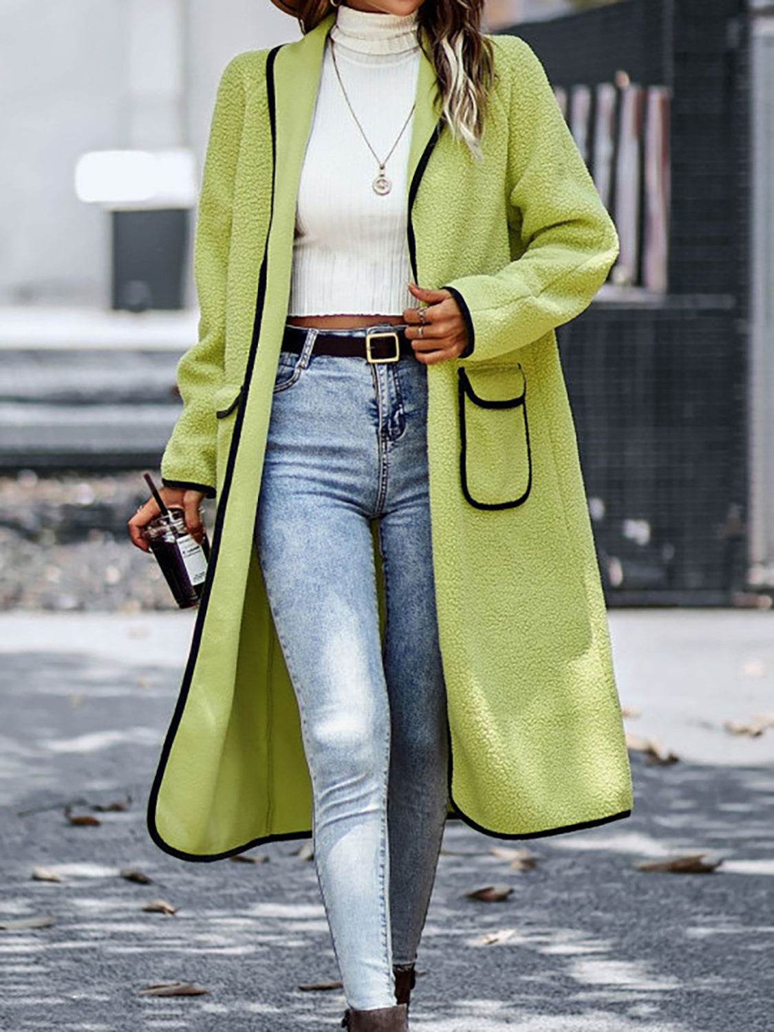Full Size Contrast Trim Long Sleeve Coat with Pockets - Fashions Envy