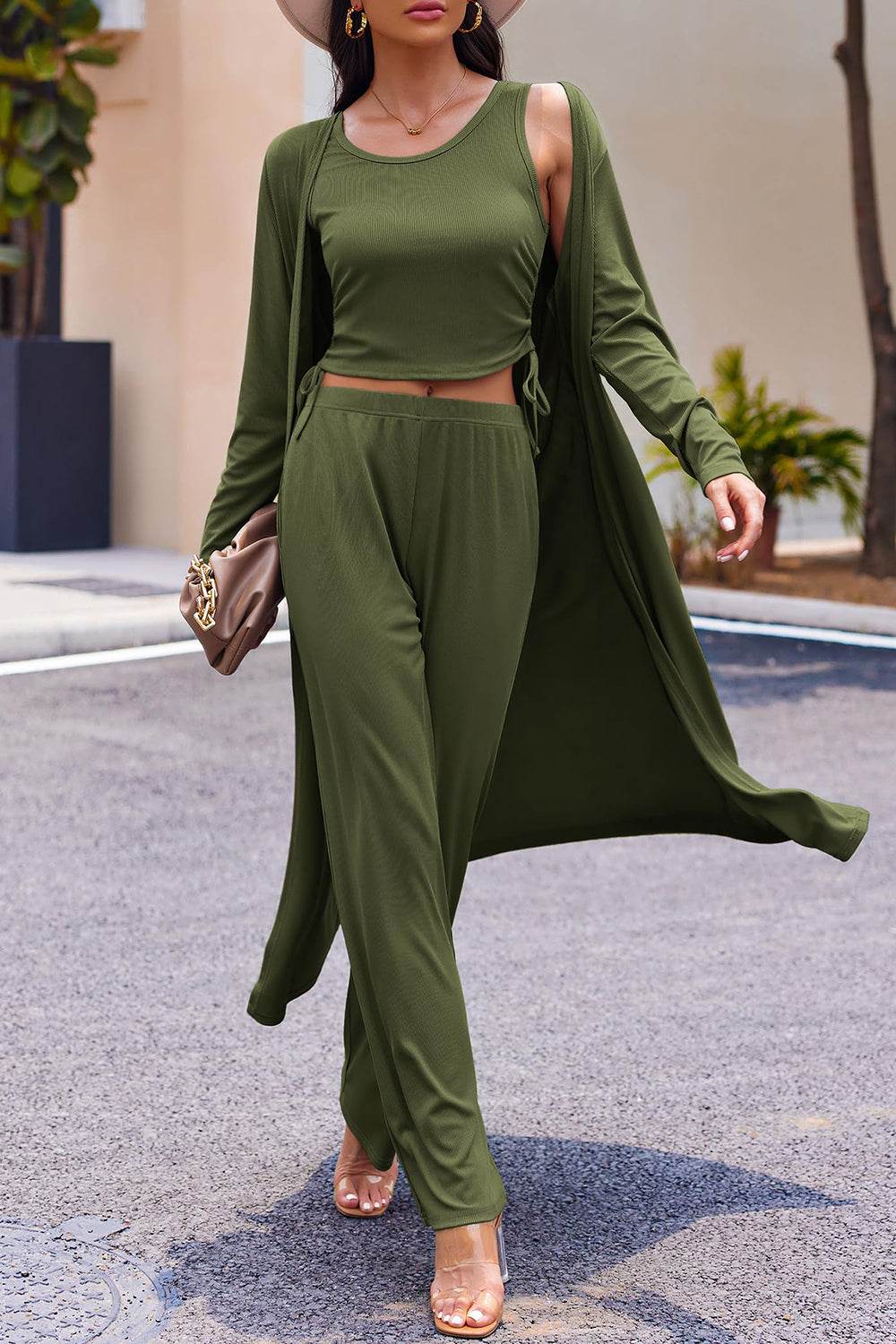 Drawstring Tank - Long Sleeve Cover Up and Pants Set - Fashions Envy