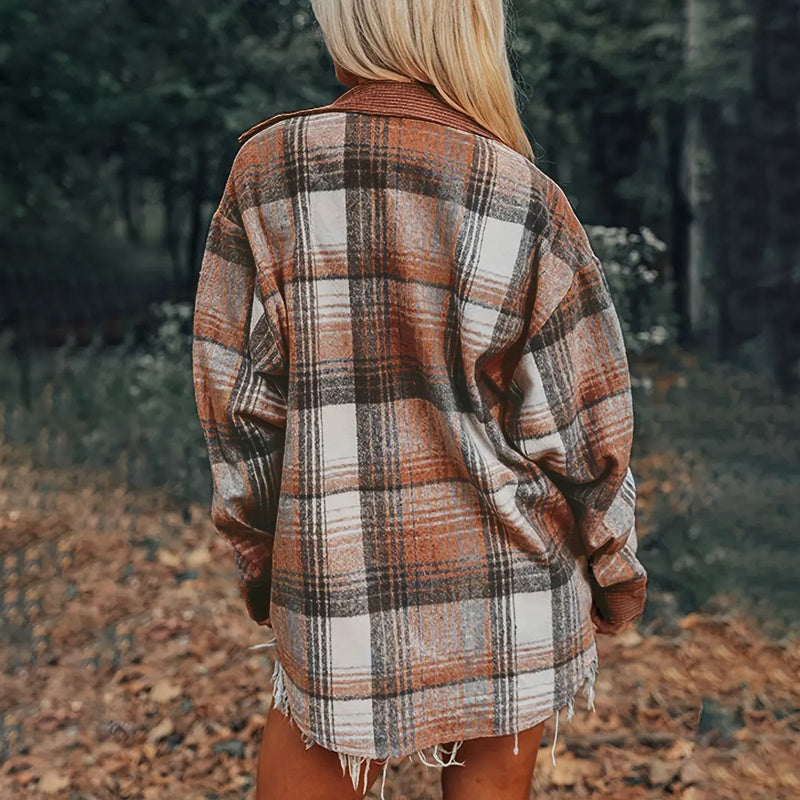 Women's Check Print Button Shirt - Notch Lapel Blouse - Fashions Envy