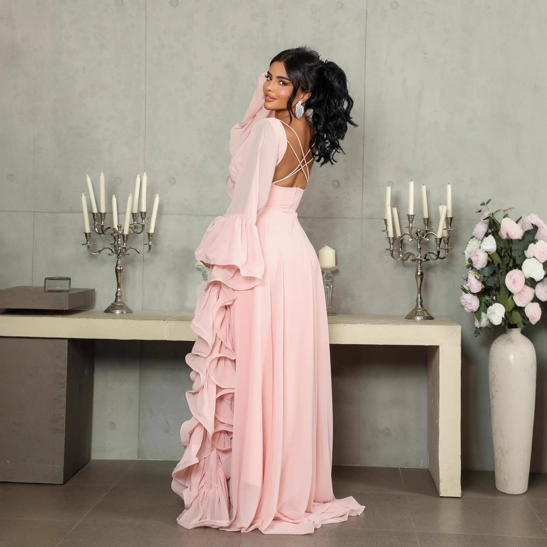 Pink Tulle Prom Gown - Long Sleeve A-Line Ball Dress