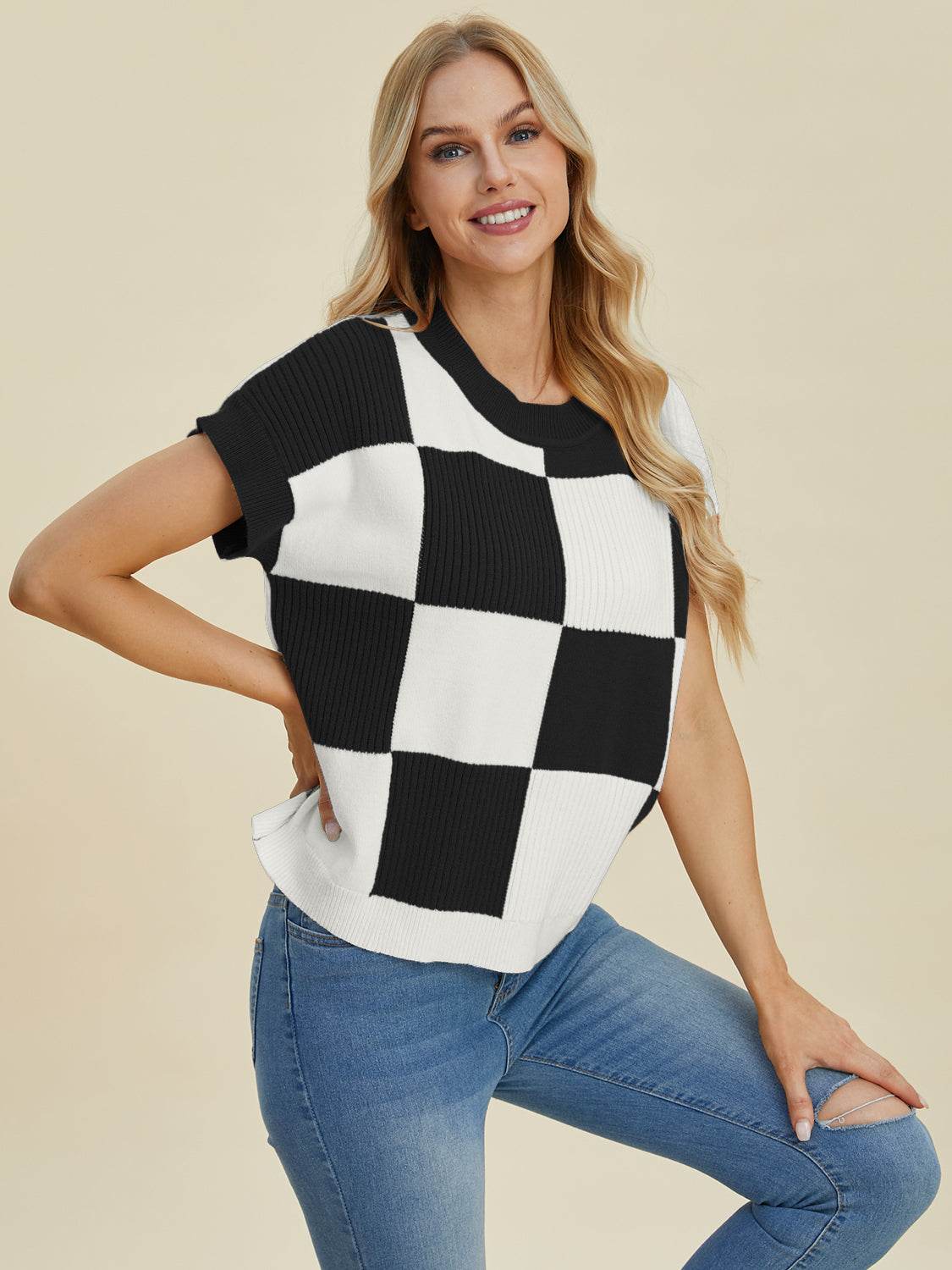 Double Take Full Size Checkered Round Neck Short Sleeve Sweater - Fashions Envy