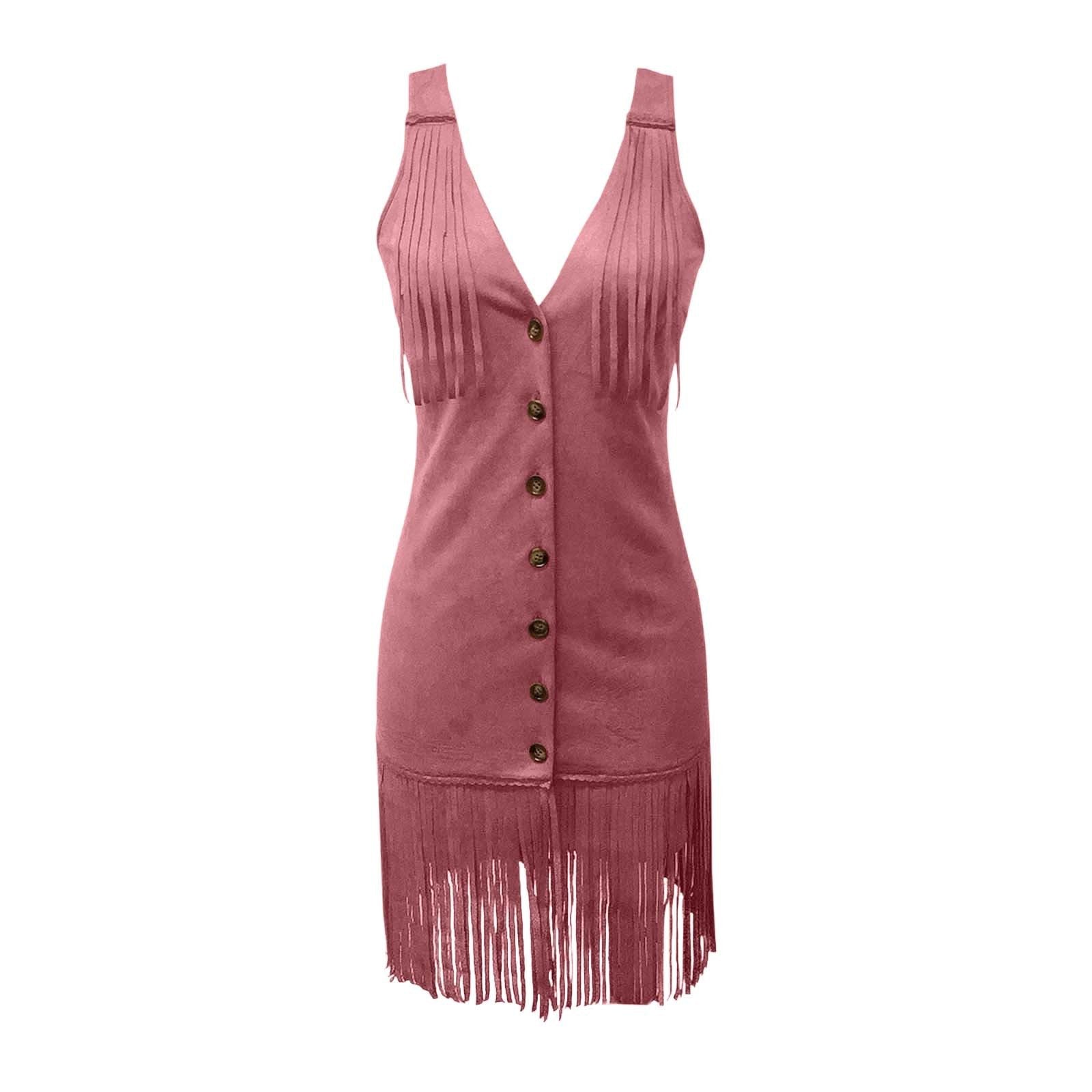 Women's Western Style Vest Dress - V-Neck Button Front Mini with Fringe