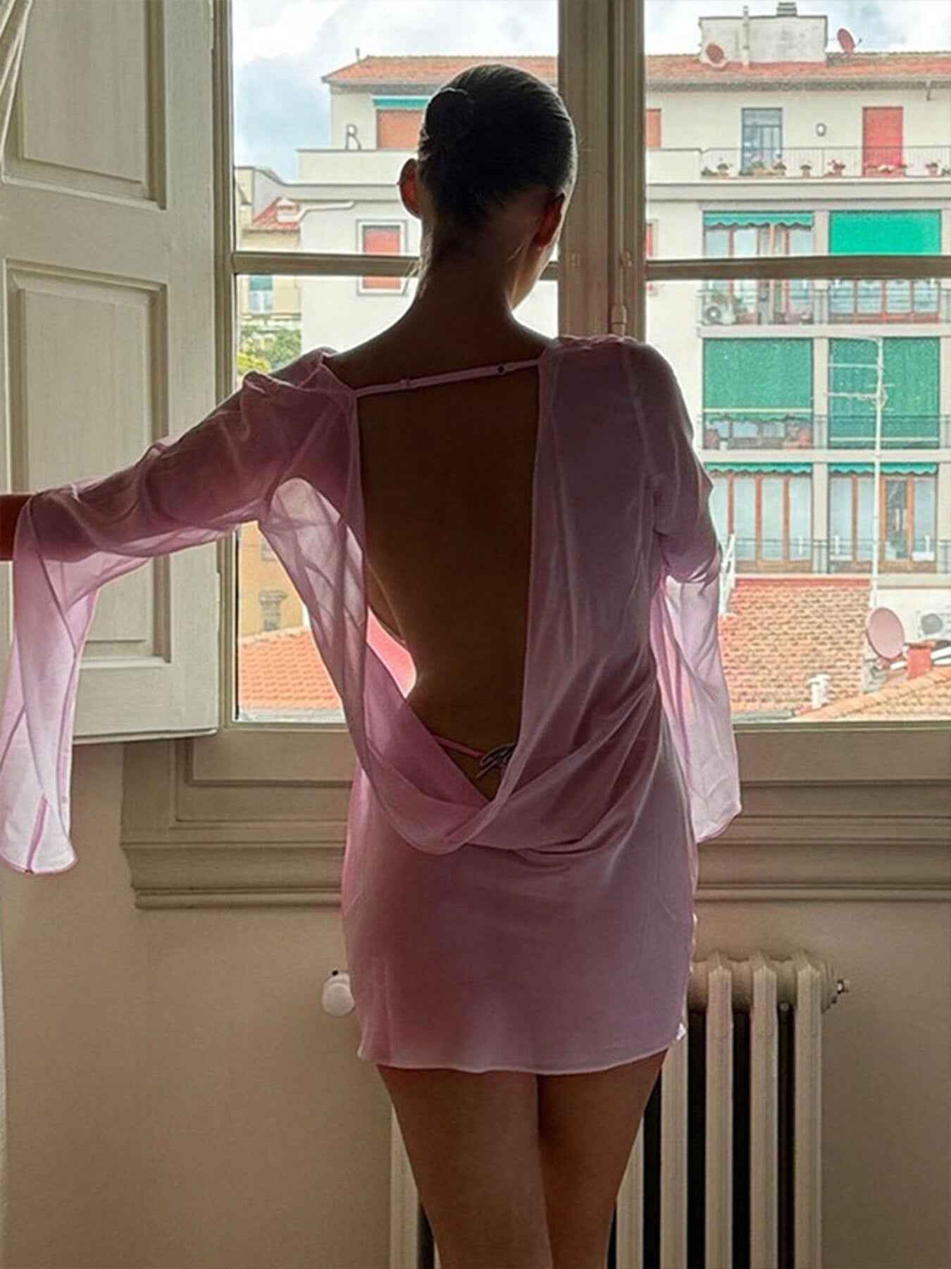 Purple Powder Sheer Mini Dress - Plunge Backless Chiffon
