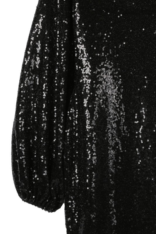 Puff Sleeve Crew Neck Sequin Mini Dress