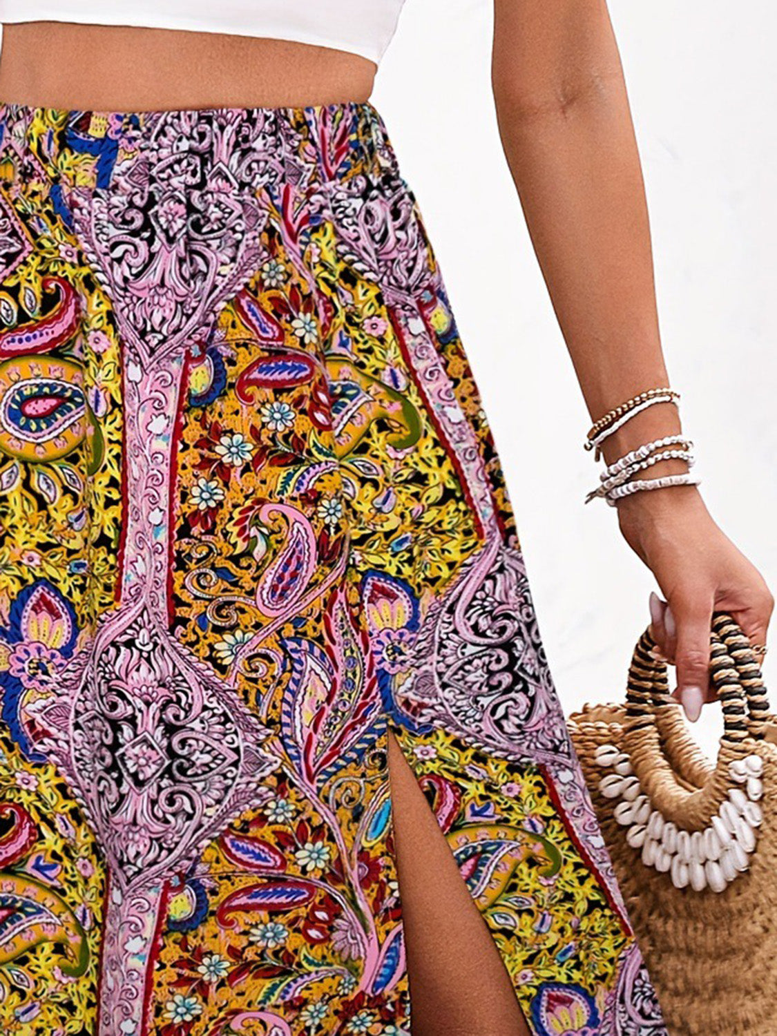 Slit Printed Elastic Waist Skirt - Fashions Envy