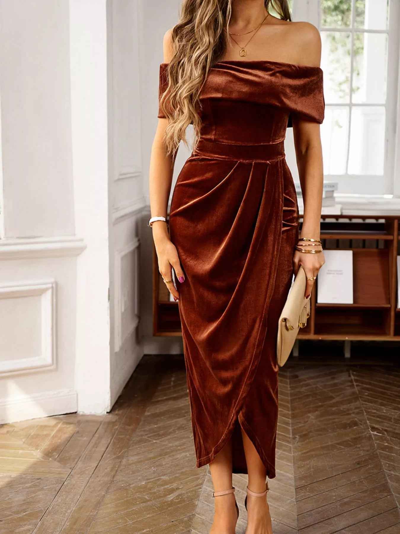 Velvet Off-Shoulder Midi Dress - Ruched Bodycon Slit - Fashions Envy