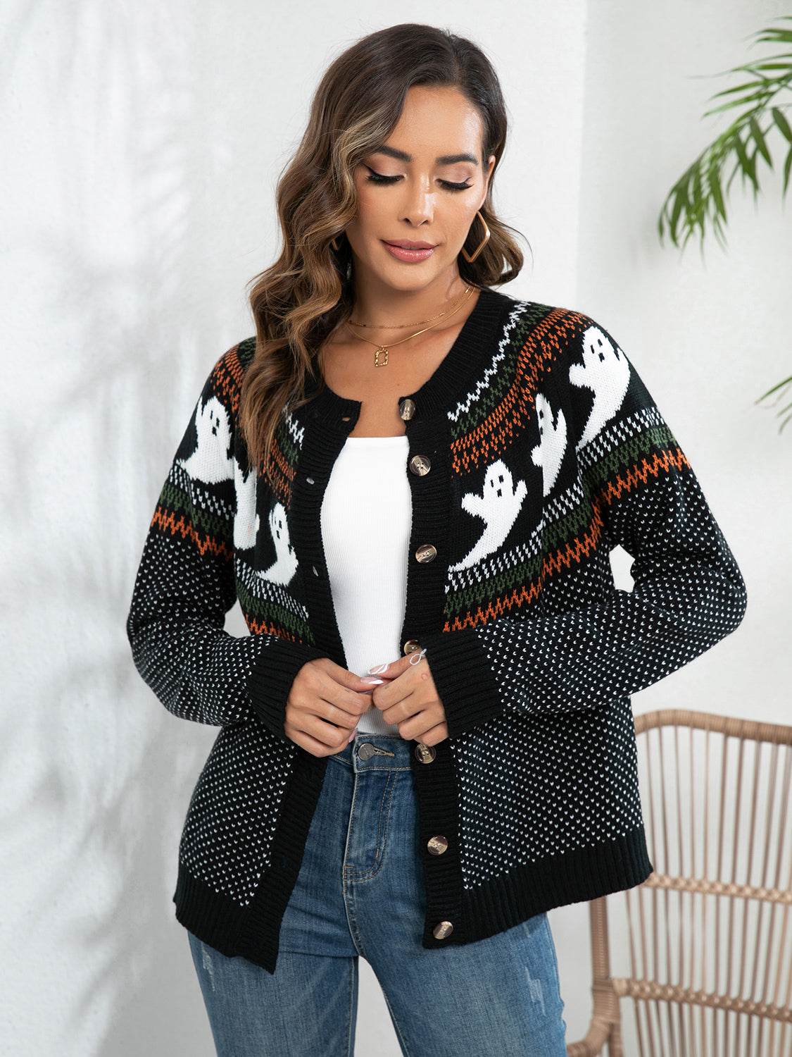 Ghost Button Up Long Sleeve Cardigan - Fashions Envy