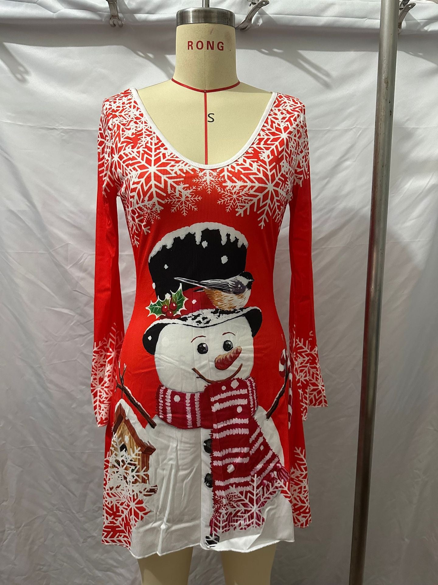 V-neck Stretch Sunken Stripe Christmas Printed Flared Sleeve Dress