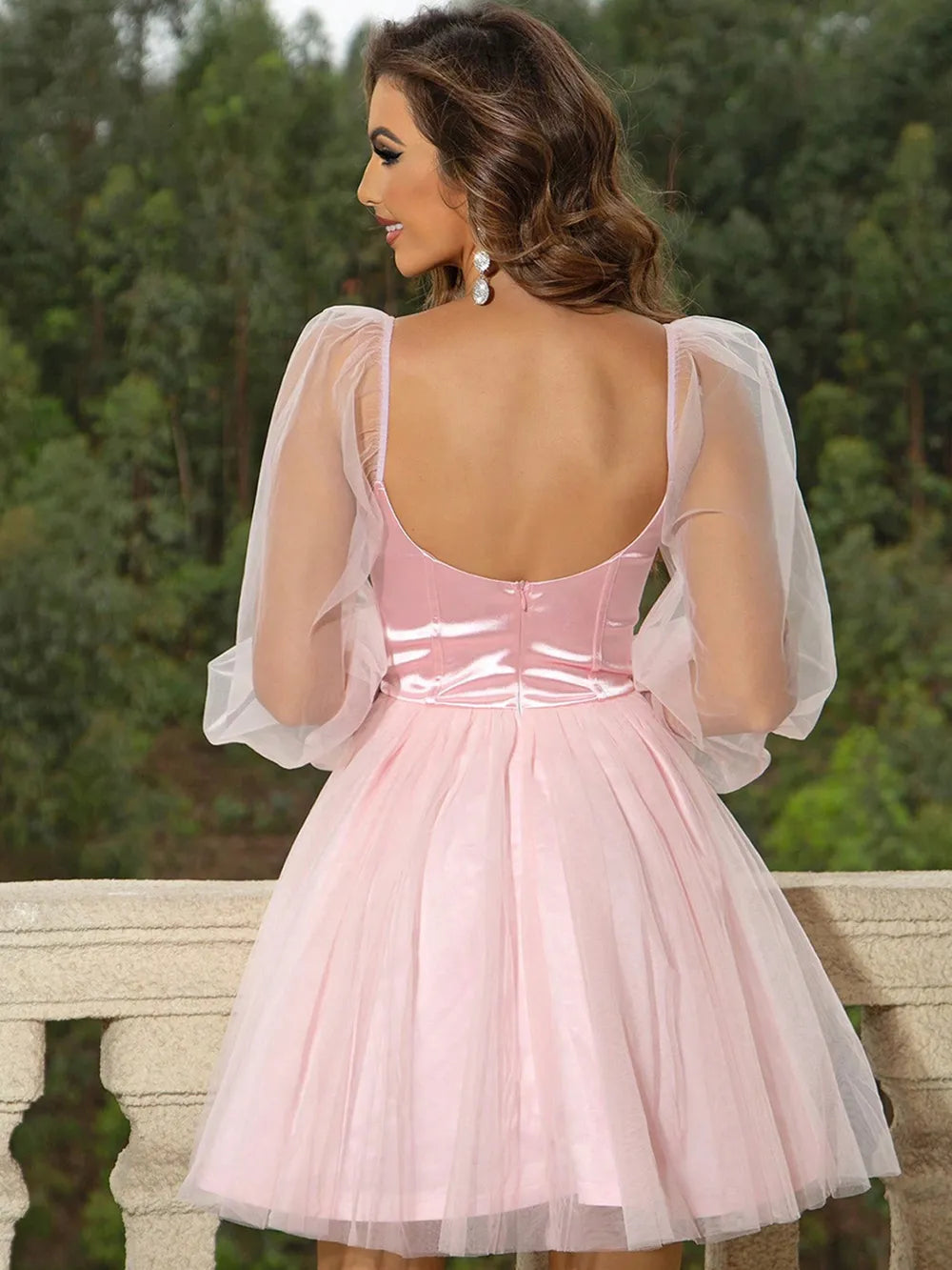 Blush Pink Mini Dress - Sweetheart Neck Balloon Sleeve Prom
