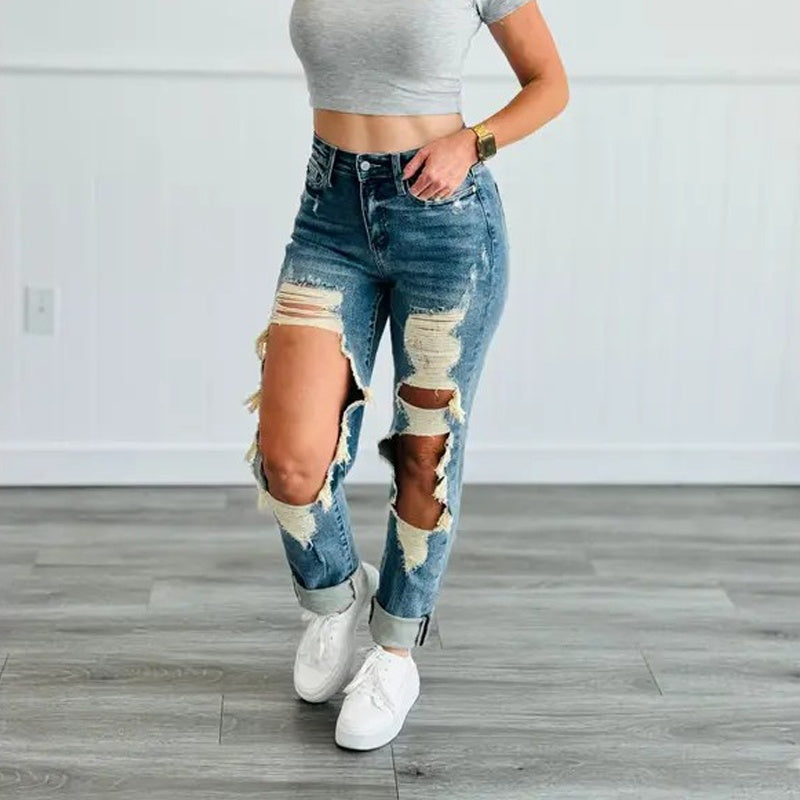 High-Waist Heavy Destroy Jeans - Distressed Ripped Denim