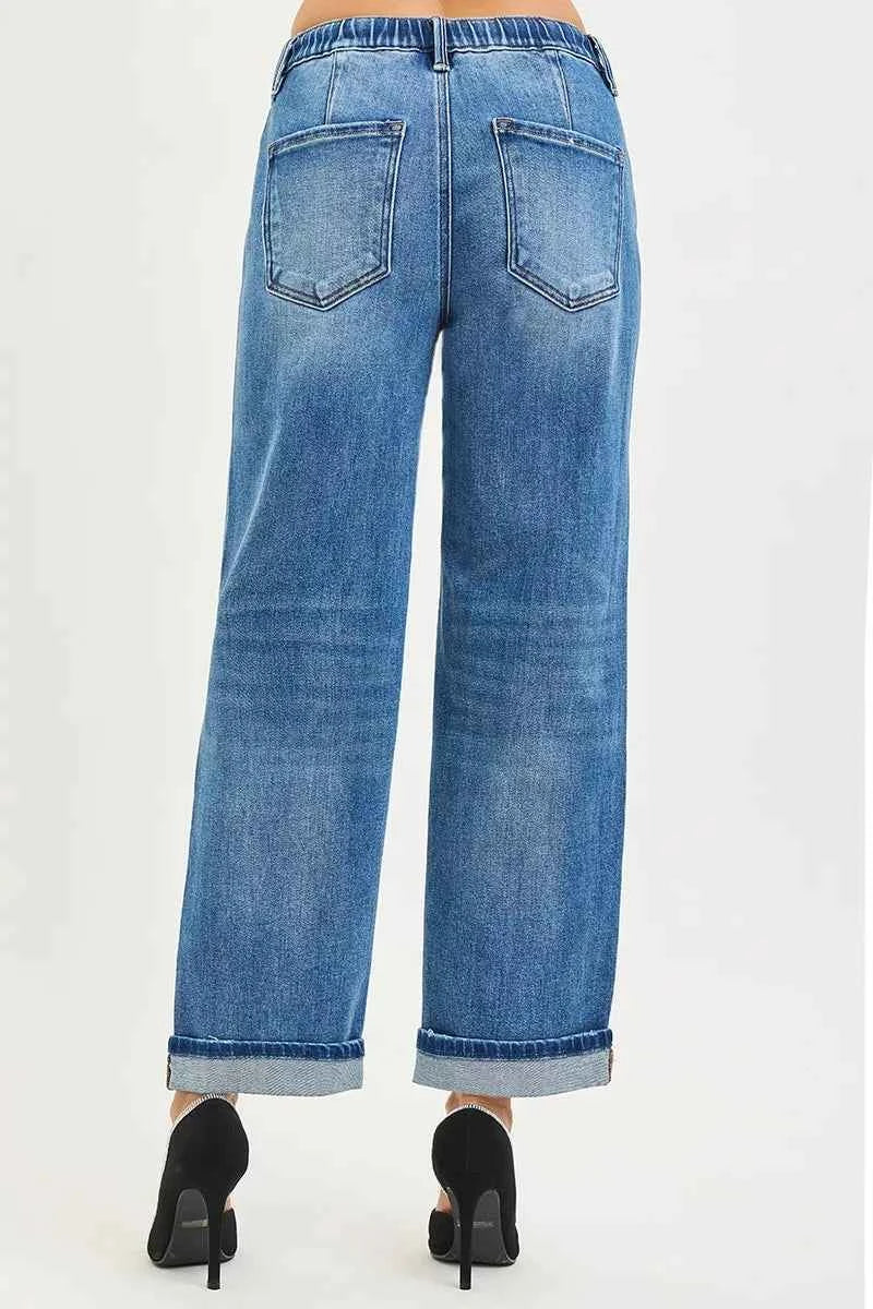 RISEN Slouchy Boyfriend Jeans - Elastic Waist Cuffed Ankle