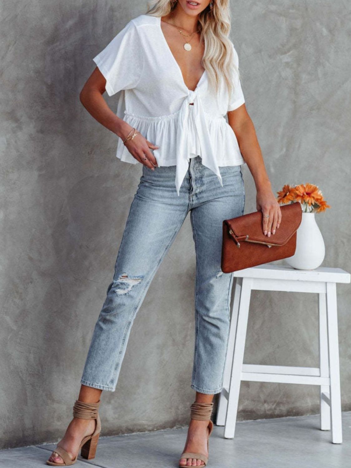Tied Plunge V-neck Short Sleeve Blouse