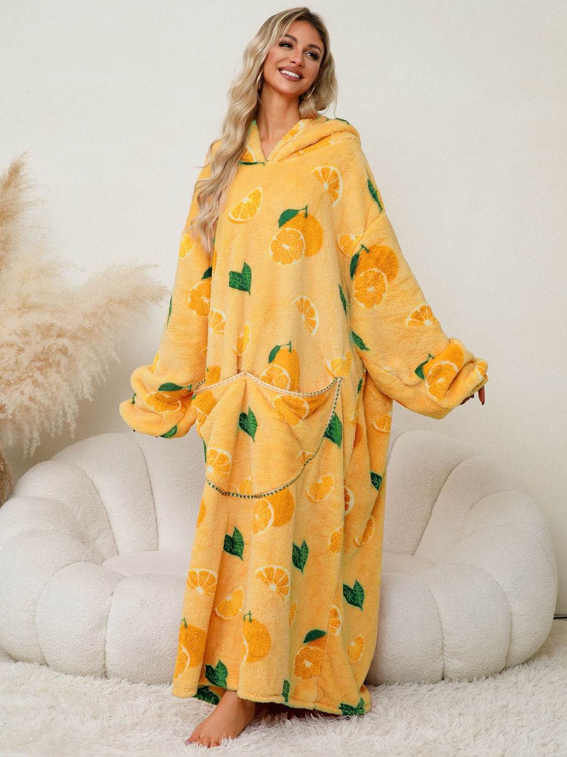 Fuzzy Pocketed Long Sleeve Hooded Lounge Dress - Fashions Envy