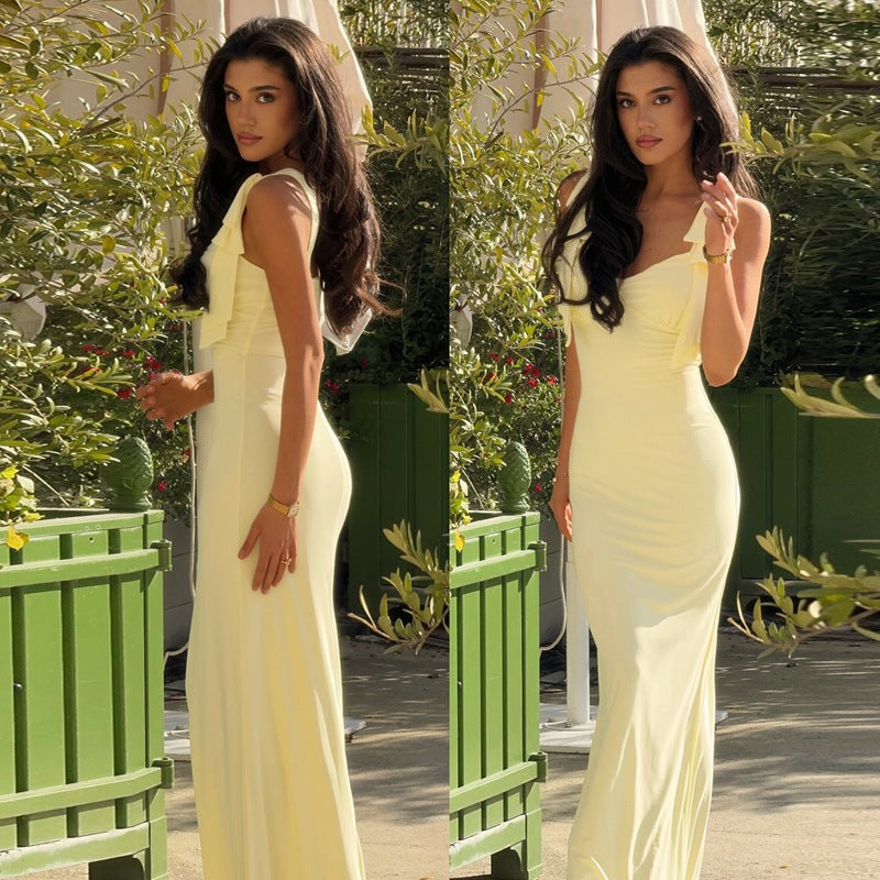 V-Neck Maxi Dress with Lace-Up Waist - Elegant Style - Fashions Envy