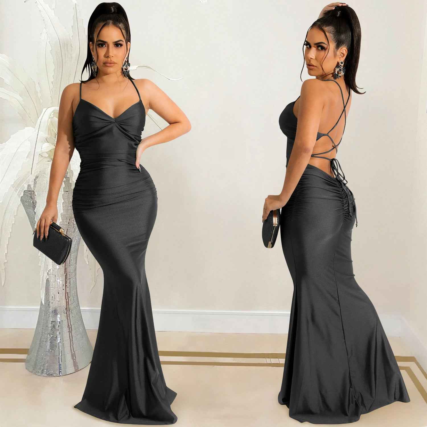 Spaghetti Strap Backless Maxi Dress - Tie Up Bodycon Satin