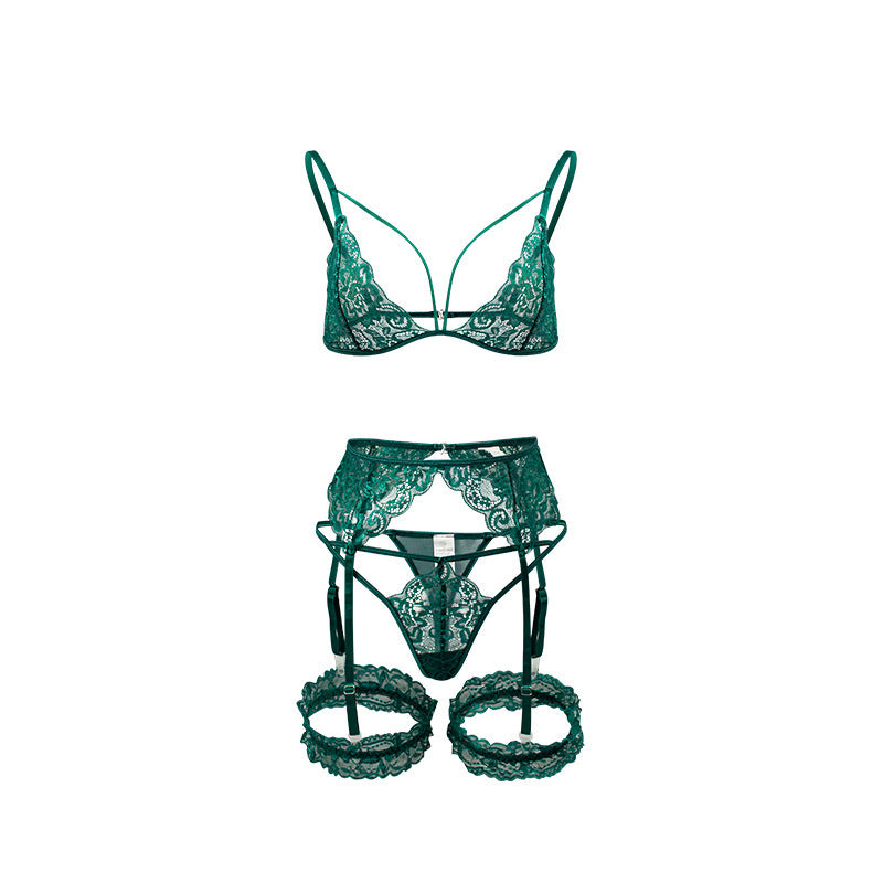 Lace Embroidery Garter Set - 4 Piece T-Back Style - Fashions Envy