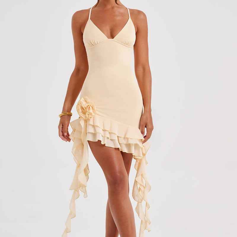 Three-dimensional Flower Mini Dress - Sleeveless Halter Neck