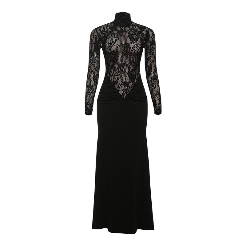 High Neck Lace Maxi Dress - Long Sleeve Black - Fashions Envy