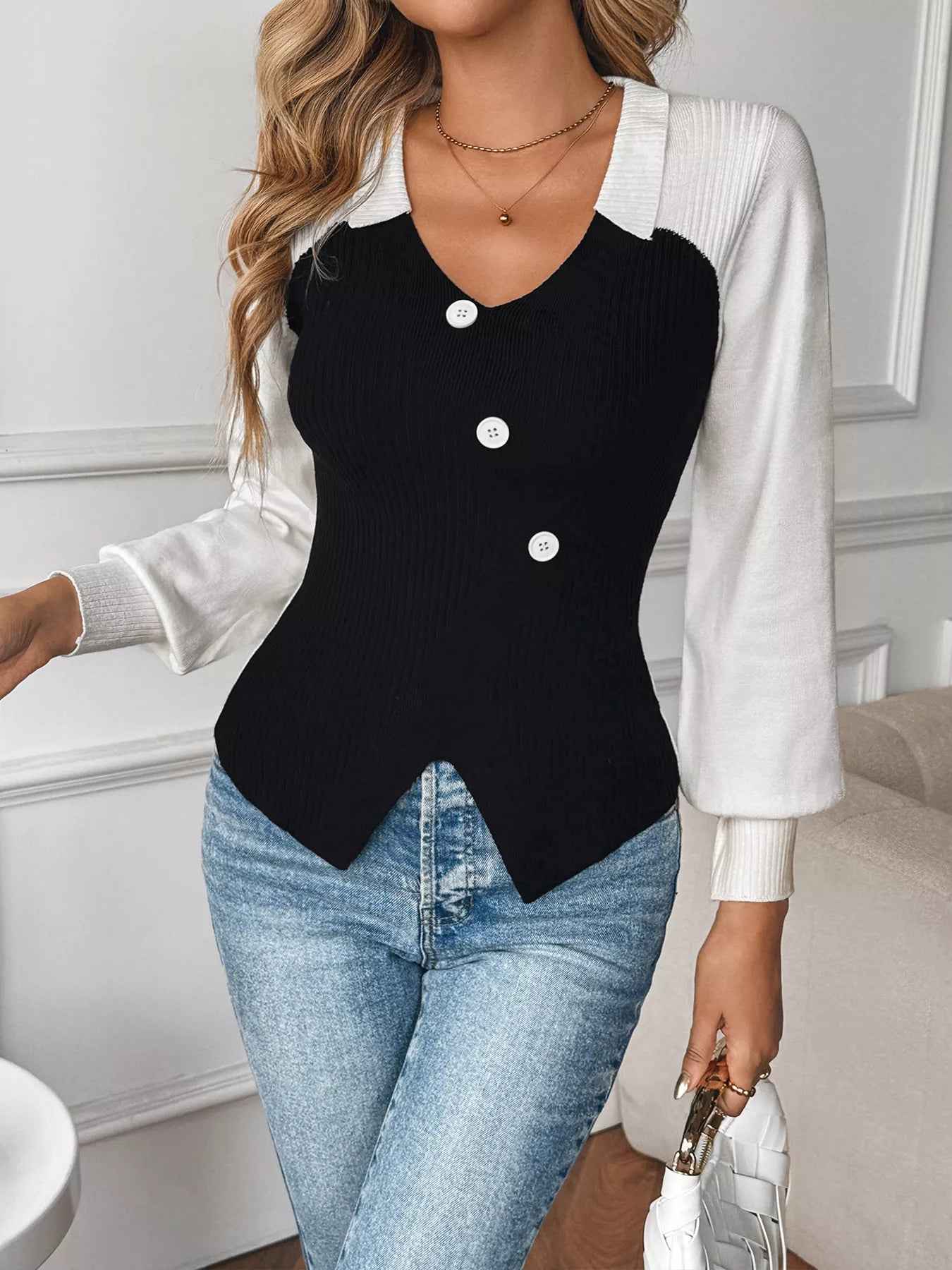 Color Block V-Neck Sweater - Chic Button Detail - Fashions Envy