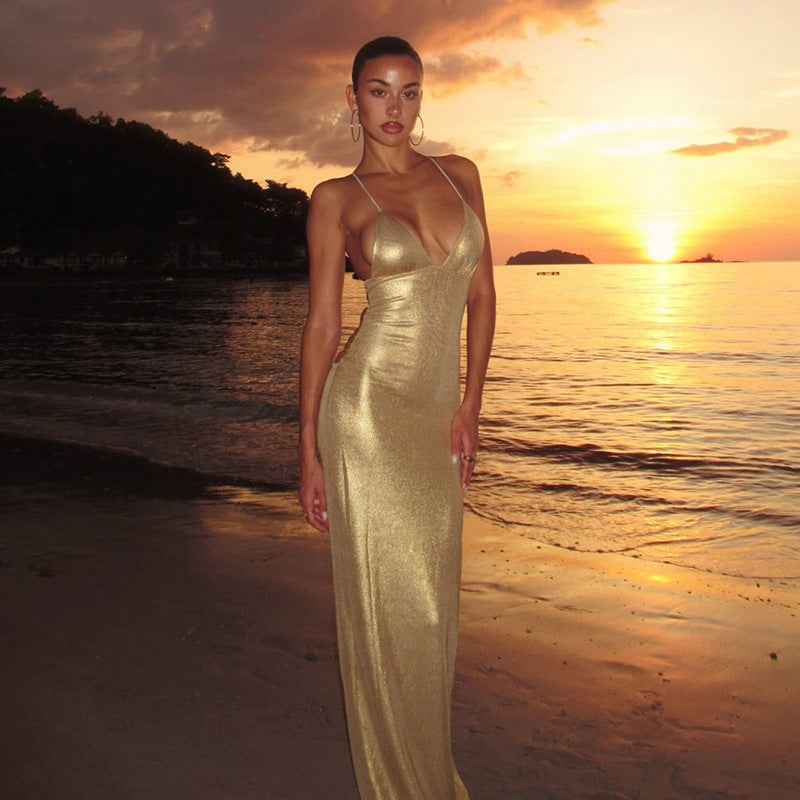 Backless Elegant Butterfly Maxi Dress - Golden Ice Silk Gown