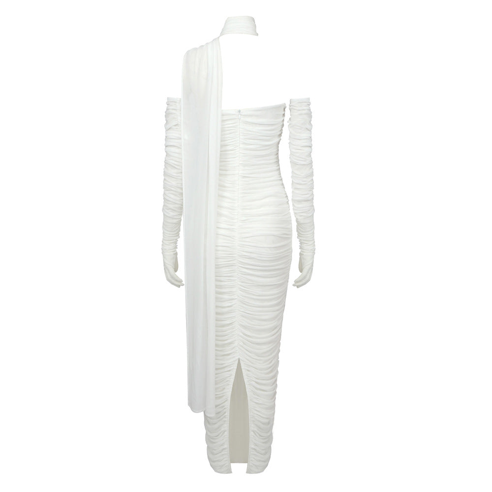 Sheer Mesh Backless Dress - White Halter Long Sleeve