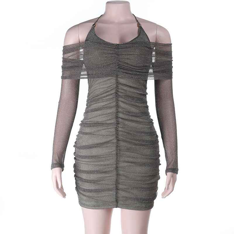 Sexy Sequin Pleated Mini - Off-Shoulder Tied Bodycon Dress